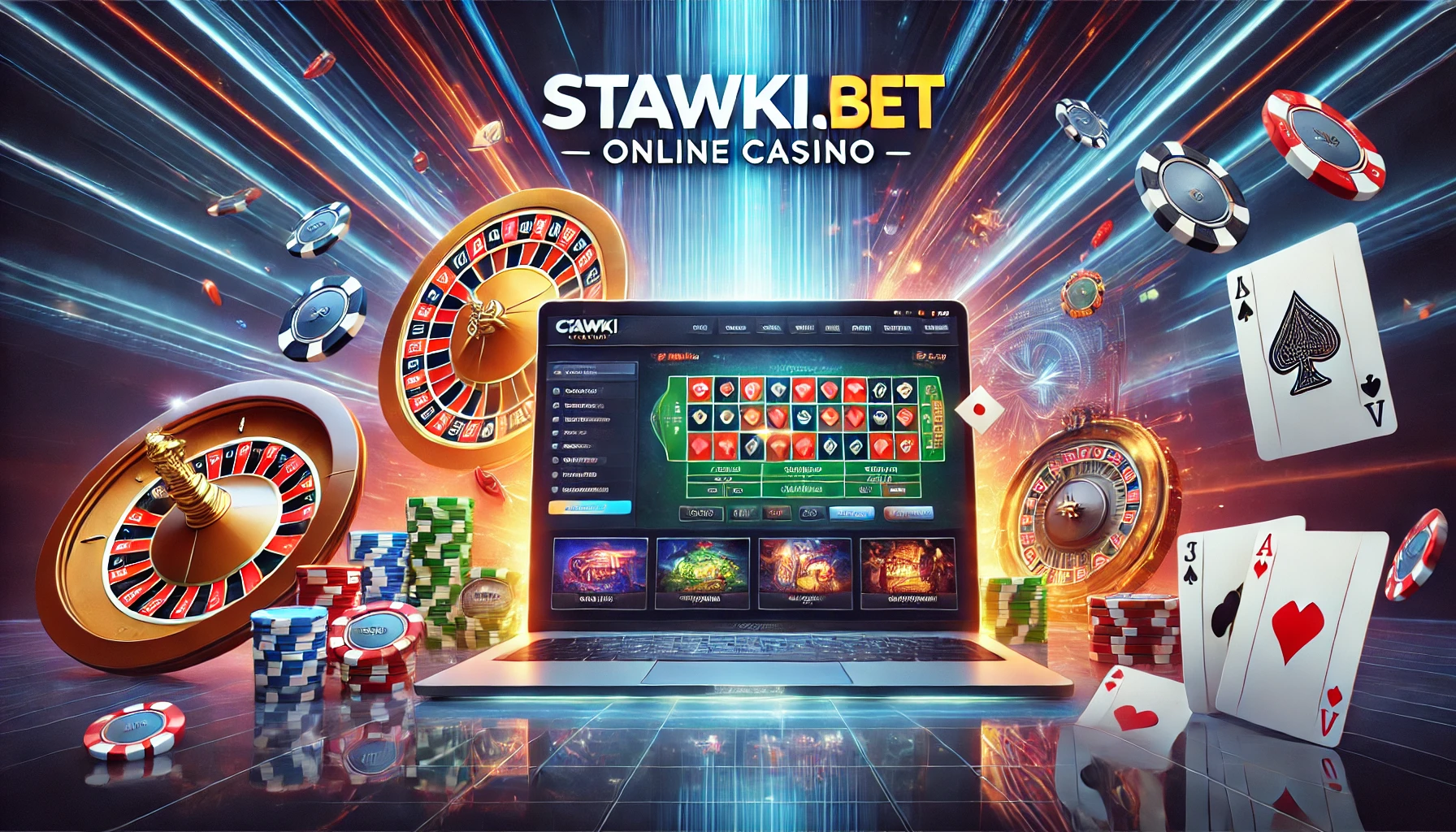 DALL·E 2024-09-24 11.58.23 - A modern online casino homepage design with the brand 'Stawki.bet' prominently displayed in the center. The layout includes sleek and stylish graphics Ставки бет